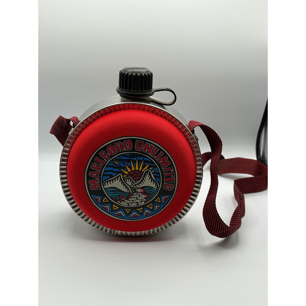 Vintage Marlboro Unlimited Stainless Steel Canteen Red Insulated Cover Strap